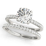 Silver Round Solitaire Pave Diamond Engagement Ring with Four-Prong Setting