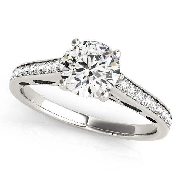 Silver Round Solitaire Prong Set Diamond Engagement Ring with Pave Band 2