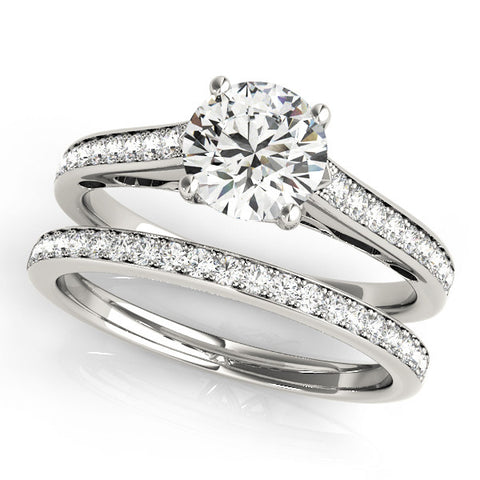 Silver Round Solitaire Prong Set Diamond Engagement Ring with Pave Band