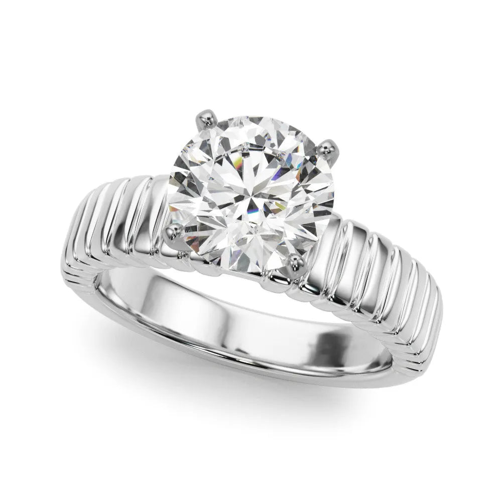 Silver Round Solitaire Ribbed Band with Four-Prong Setting