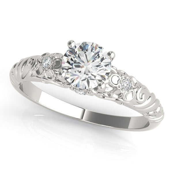 Silver Round Solitaire Scrollwork Engagement Ring with Side Stones and Four-Prong Setting 1
