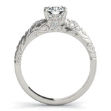 Silver Round Solitaire Scrollwork Engagement Ring with Side Stones and Four-Prong Setting 1