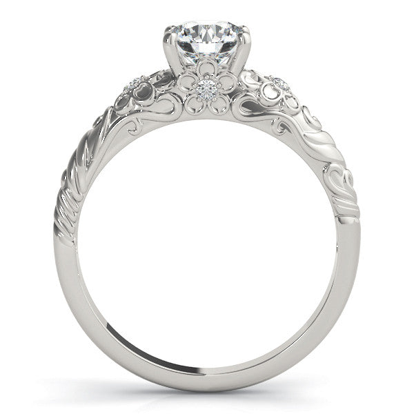 Silver Round Solitaire Scrollwork Engagement Ring with Side Stones and Four-Prong Setting