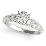 Silver Round Solitaire Scrollwork Engagement Ring with Side Stones and Four-Prong Setting