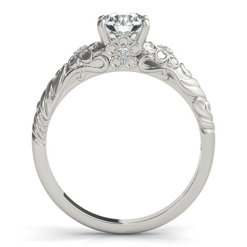 Silver Round Solitaire Scrollwork Engagement Ring with Side Stones and Four-Prong Setting