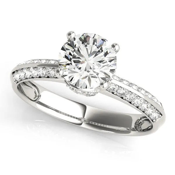 Silver Round Solitaire Split Shank Pave Diamond Engagement Ring with Four-Prong Setting