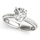 Silver Round Solitaire Split Shank Pave Diamond Engagement Ring with Four-Prong Setting
