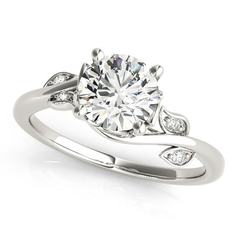 Silver Round Solitaire Twist Engagement Ring with Leaf Accents and Prong Setting 1