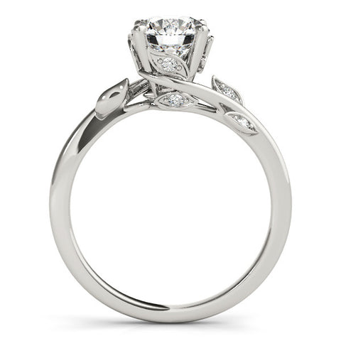 Silver Round Solitaire Twist Engagement Ring with Leaf Accents and Prong Setting