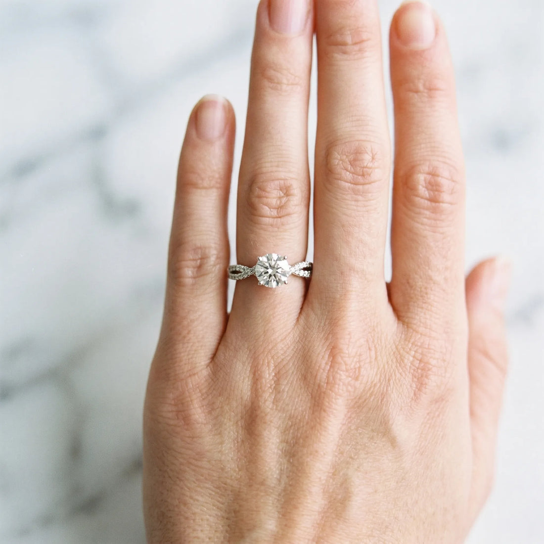 Silver Round Solitaire Twist Pave Diamond Engagement Ring with Prong Setting_21