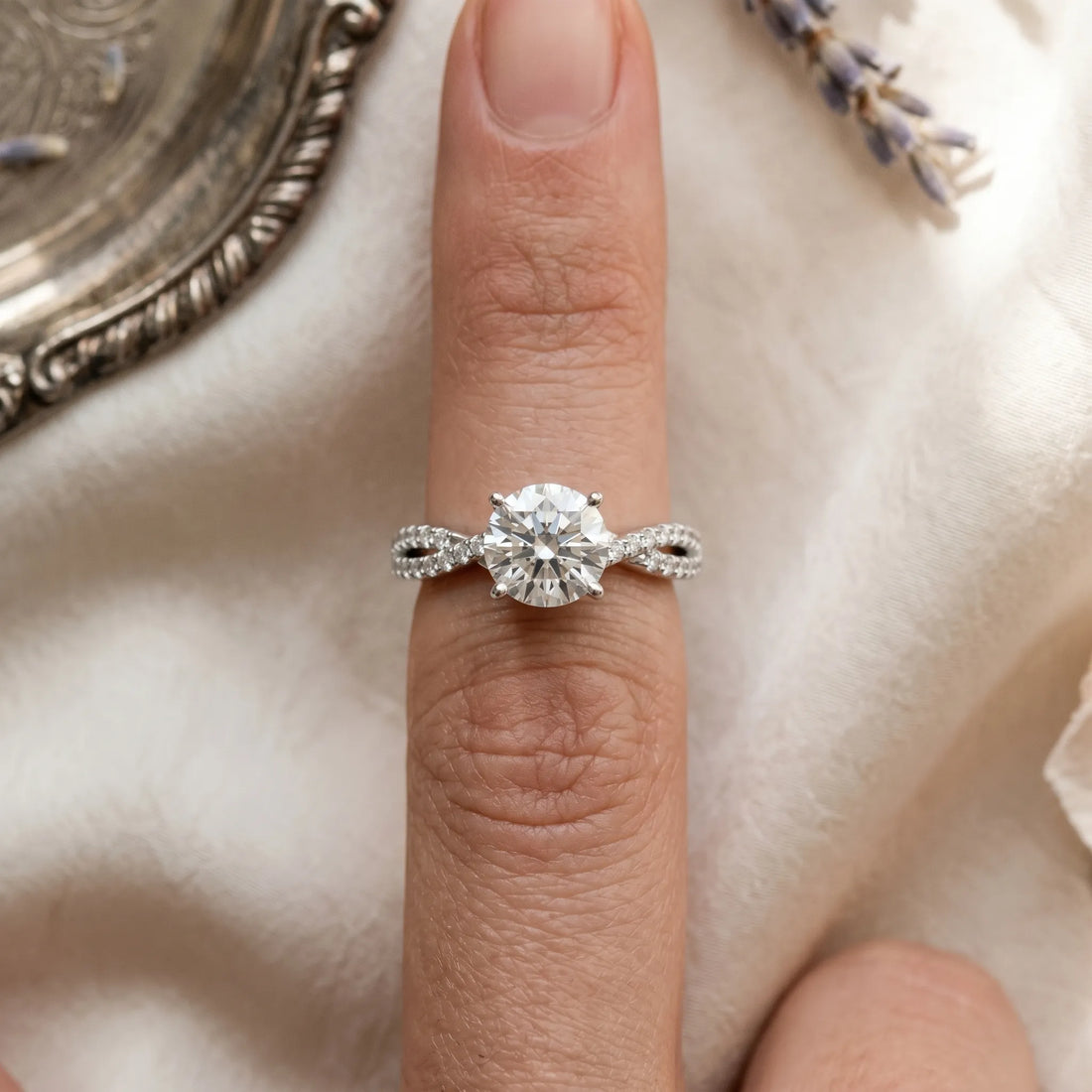 Silver Round Solitaire Twist Pave Diamond Engagement Ring with Prong Setting_24
