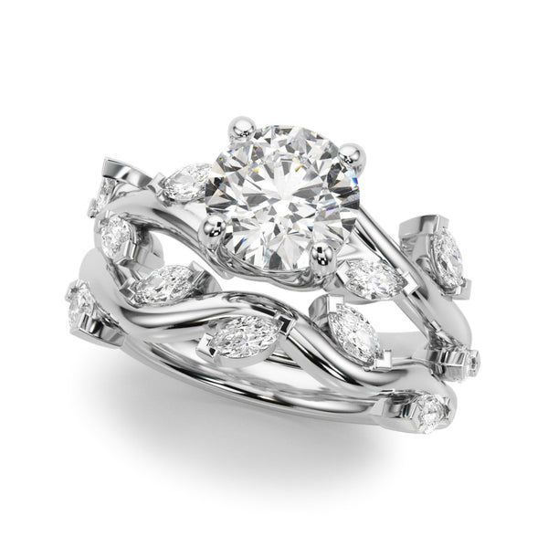 White gold Round Solitaire Twisted Band Marquise Accent Prong Setting Ring