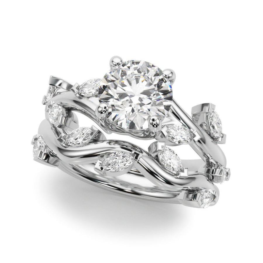 White gold Emerald Cut Solitaire Twisted Band Marquise Accent Prong Setting Ring