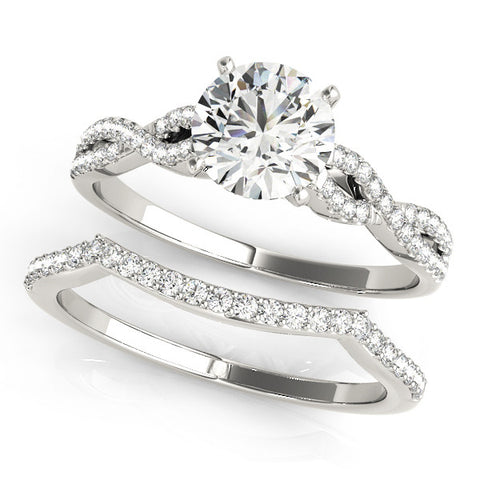 Silver Round Solitaire Twisted Pave Diamond Engagement Ring with Four-Prong Setting