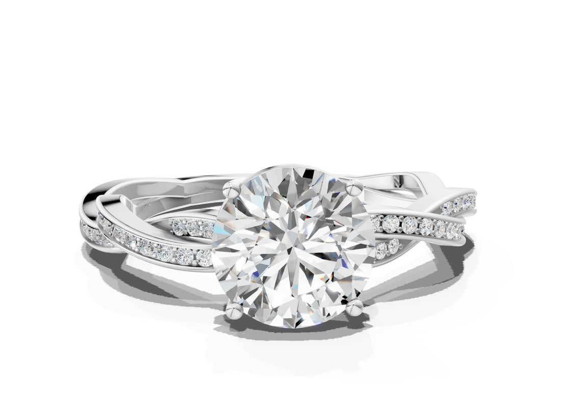 Silver Round Solitaire Twisted Pave Diamond Ring with Four-Prong Setting