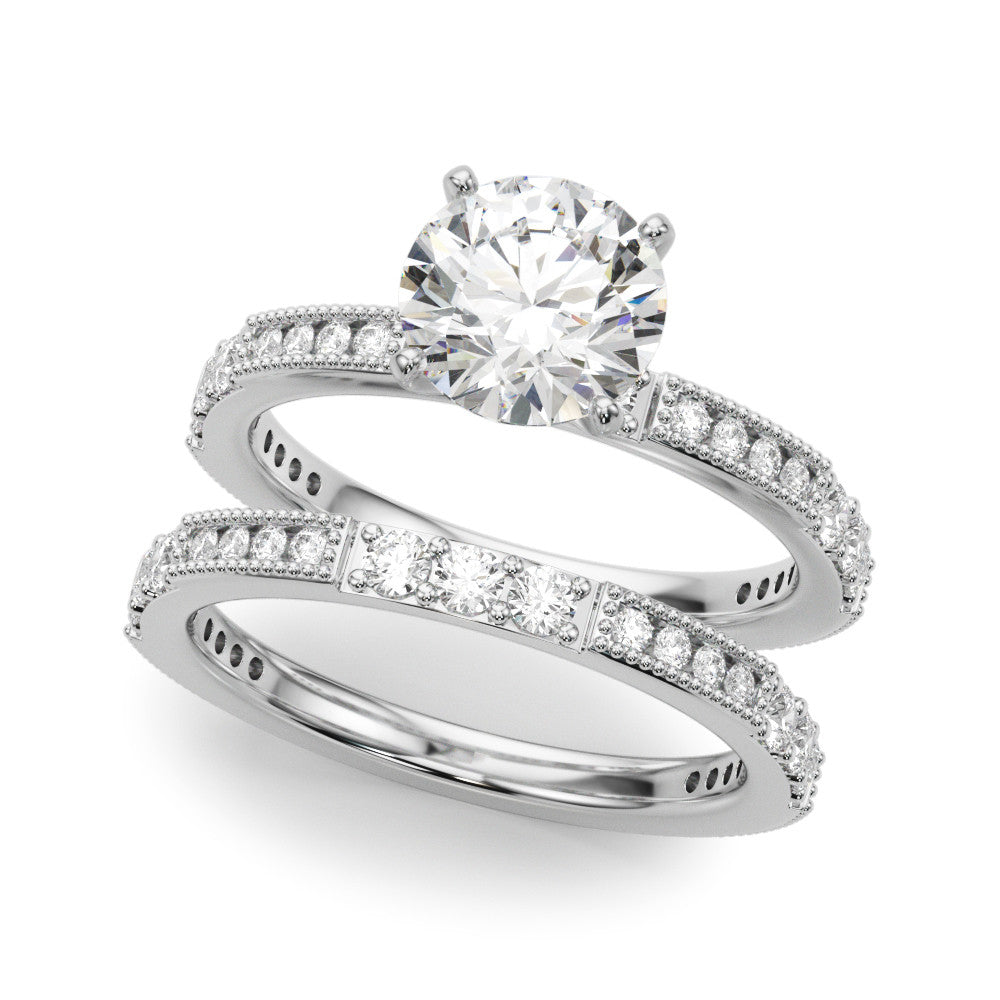 Silver Round Solitaire with Pavé Band and Four-Prong Setting