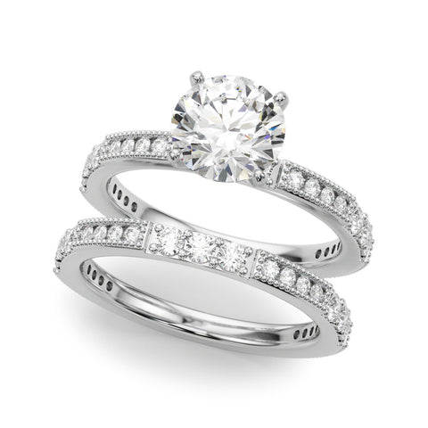 Silver Round Solitaire with Pavé Band and Four-Prong Setting