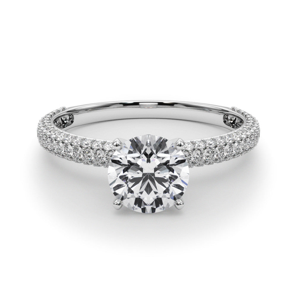 Silver Round Solitaire with Pave Band and Four-Prong Setting