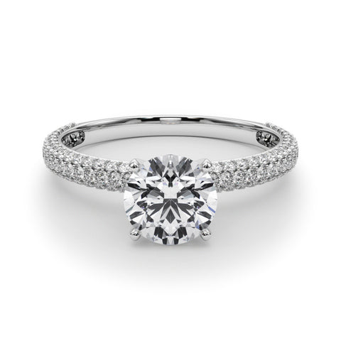 Silver Round Solitaire with Pave Band and Four-Prong Setting