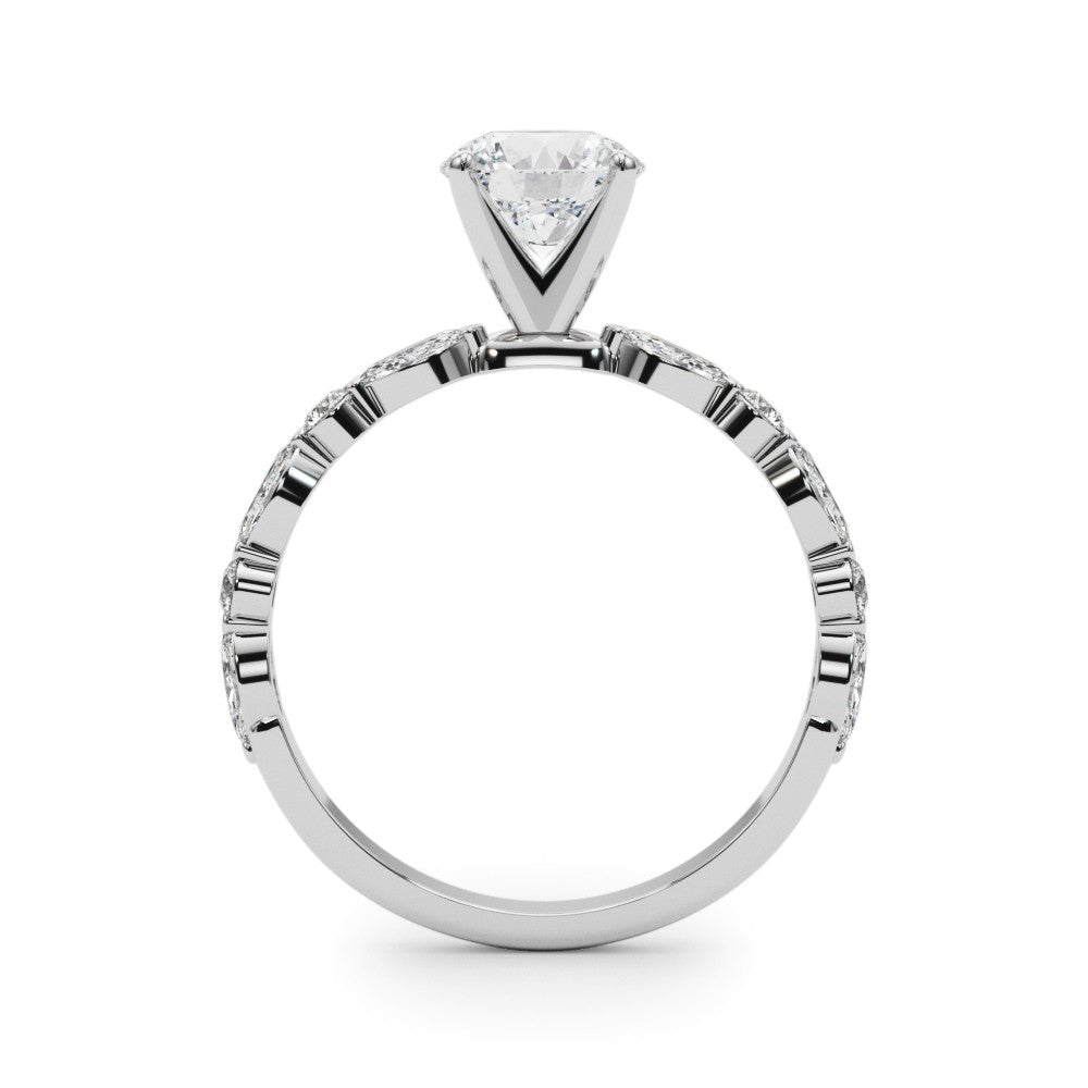 Silver Round Solitaire with Side Stones on a Pavé Band and Four-Prong Setting 1