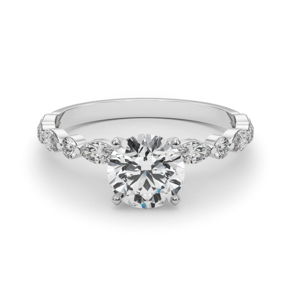 Silver Round Solitaire with Side Stones on a Pavé Band and Four-Prong Setting