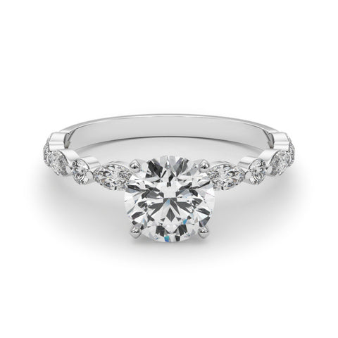 Silver Round Solitaire with Side Stones on a Pavé Band and Four-Prong Setting