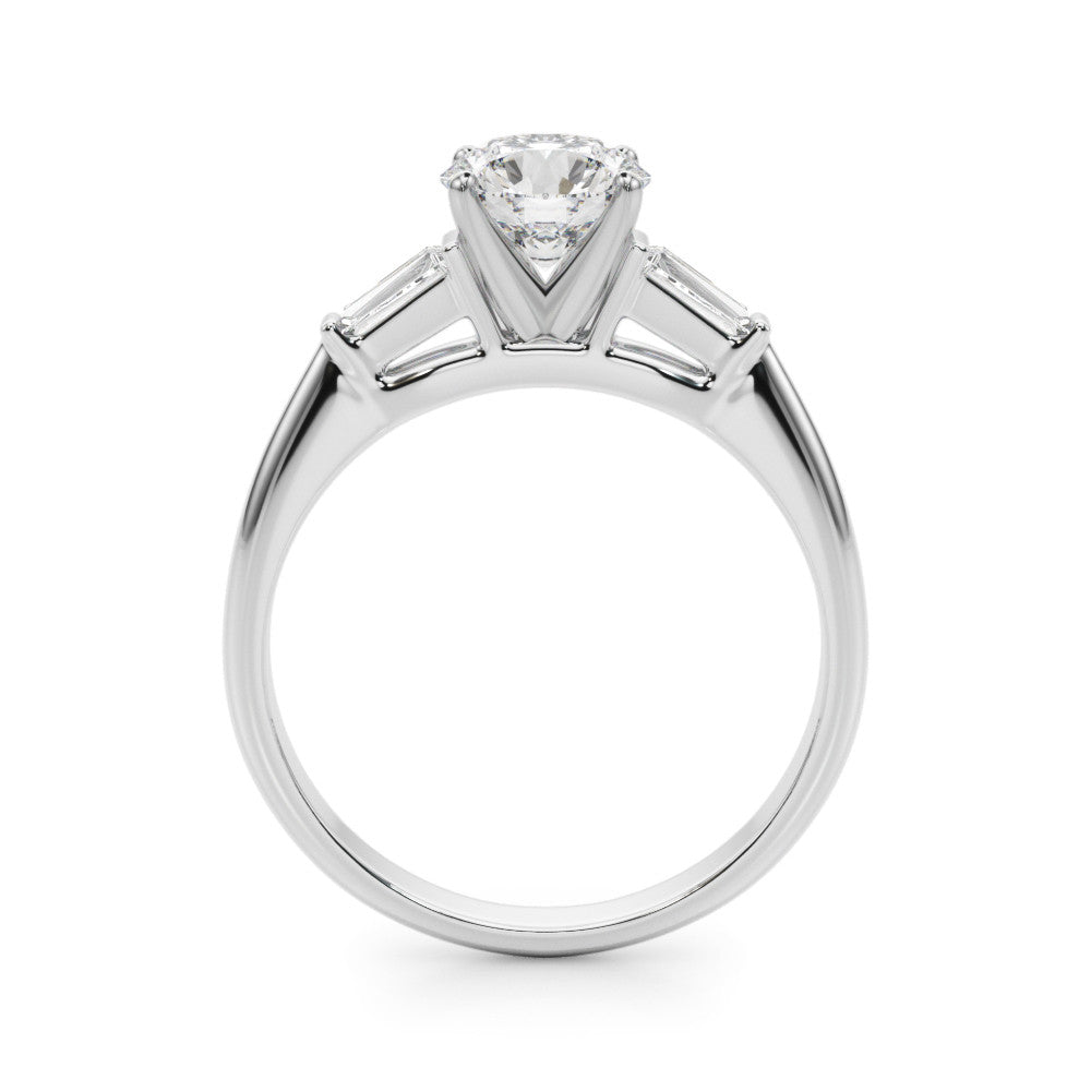 Silver Round Solitaire with Tapered Baguette Side Stones on a Classic Band with Four-Prong Setting 1