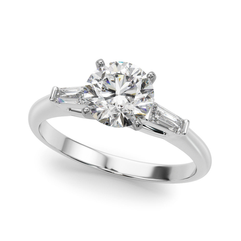 Silver Round Solitaire with Tapered Baguette Side Stones on a Classic Band with Four-Prong Setting 2