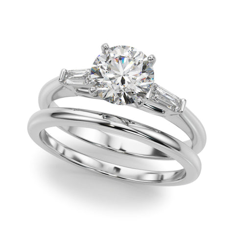 Silver Round Solitaire with Tapered Baguette Side Stones on a Classic Band with Four-Prong Setting
