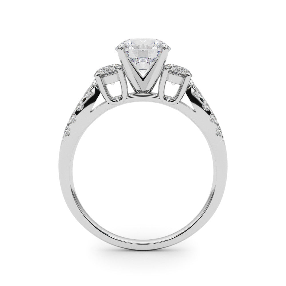Silver Round Three-Stone Diamond Ring with Pavé Split Shank and Four-Prong Setting 1