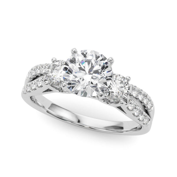 14K White Gold 2.02 Carat F VS1 Round Three-Stone Diamond Ring with Pavé Split Shank and Four-Prong Setting