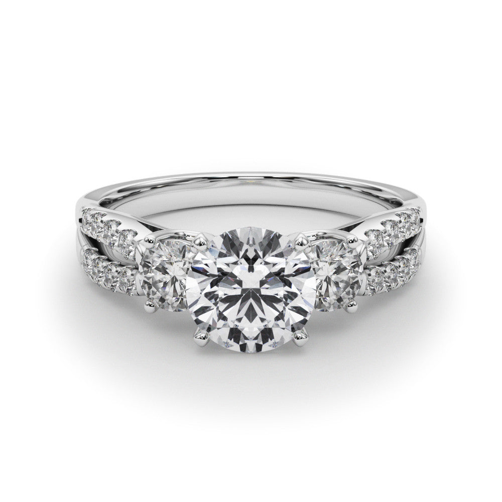 Silver Round Three-Stone Diamond Ring with Pavé Split Shank and Four-Prong Setting