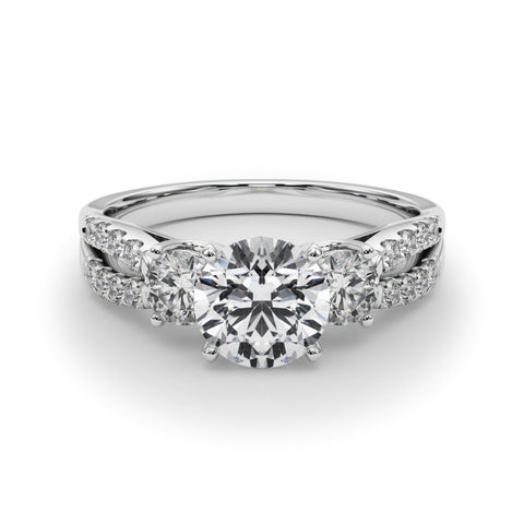 Silver Round Three-Stone Diamond Ring with Pavé Split Shank and Four-Prong Setting
