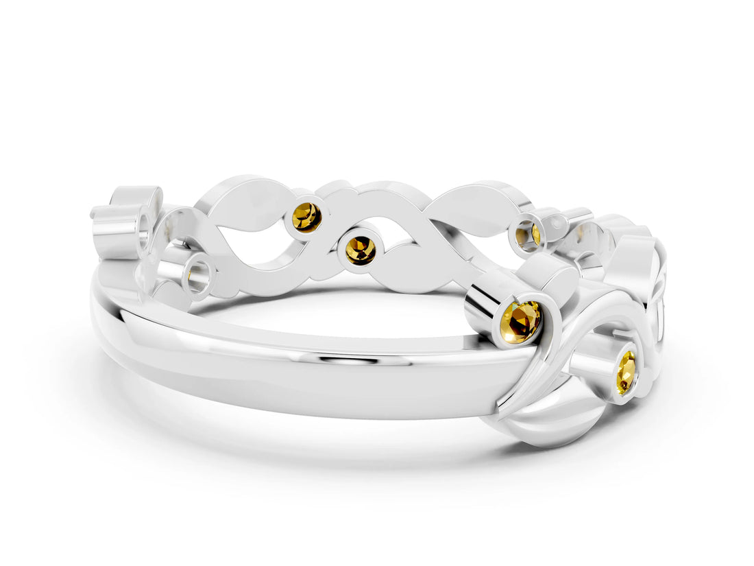 Silver Round Yellow Sapphire Leaf Eternity Band with Bezel Setting