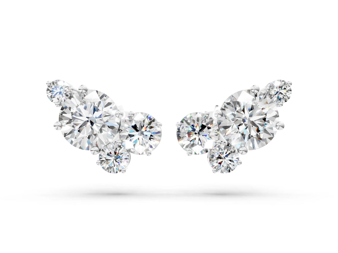 Silver Round and Oval Diamond Hydrangea Bouquet Stud Earrings with Round Diamond Accents_4