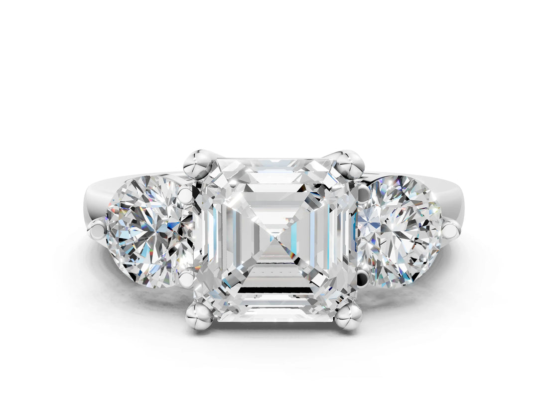 Silver Three-Stone Asscher Brilliant Cut Solitaire Ring with Prong Setting on a Classic Band 1