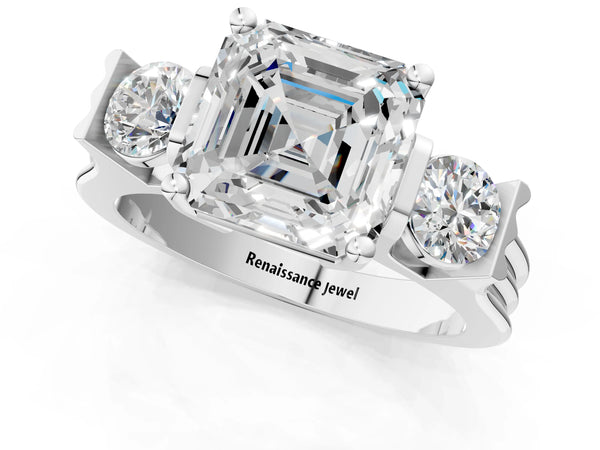 Silver Three-Stone Asscher Cut Classic Band Prong Setting Ring
