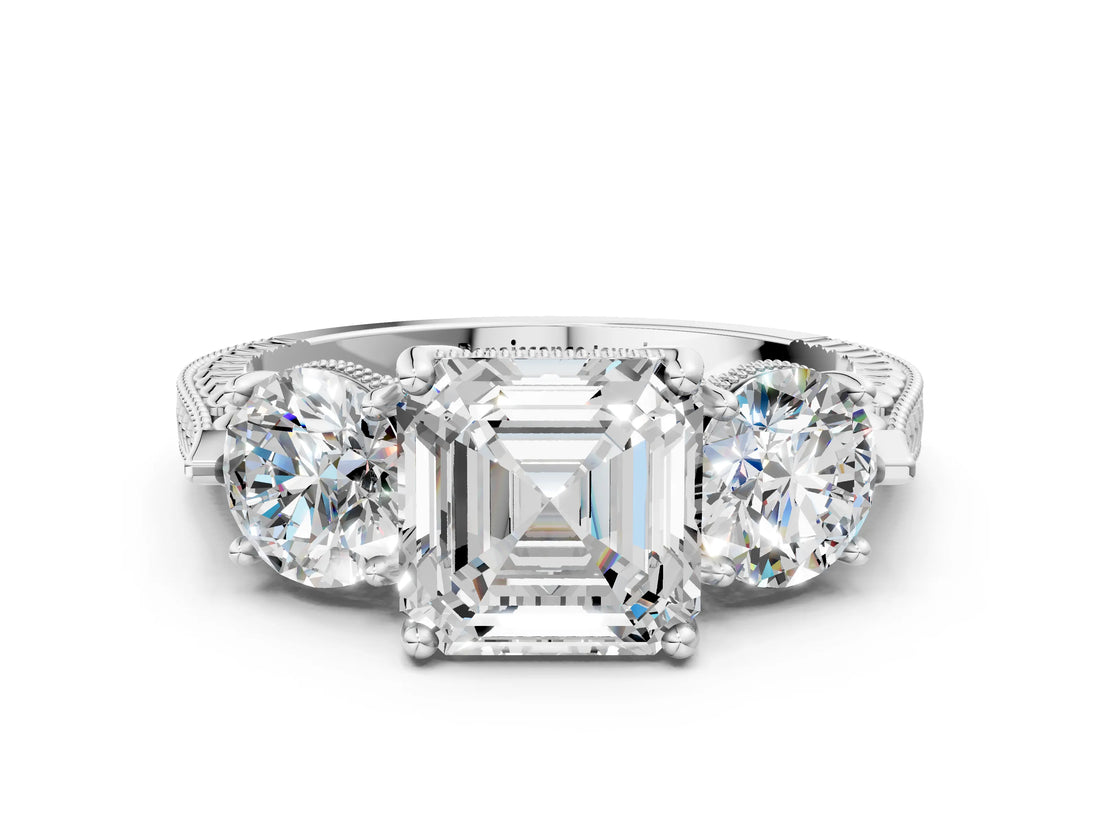 Silver Three-Stone Asscher Cut Cut Milgrain Band Prong Setting Ring_19