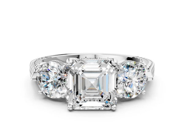 Sterling Silver Asscher Cut Vintage Three Stone Engagement Ring Setting