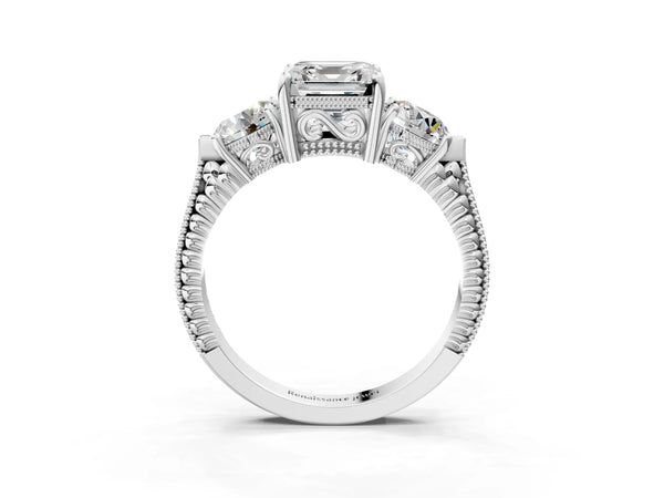Sterling Silver Asscher Cut Vintage Three Stone Engagement Ring Setting