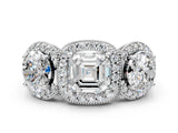Silver Three-Stone Asscher Cut Halo Diamond Milgrain Band with Four-Prong Setting_7