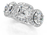 Silver Three-Stone Asscher Cut Halo Diamond Milgrain Band with Four-Prong Setting_8