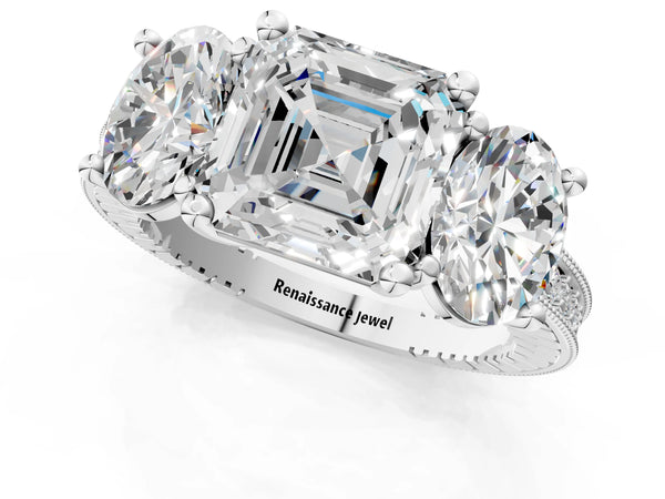 Sterling Silver Asscher Cut Three-Stone Vintage Engagement Ring Setting with Milgrain Pave Band