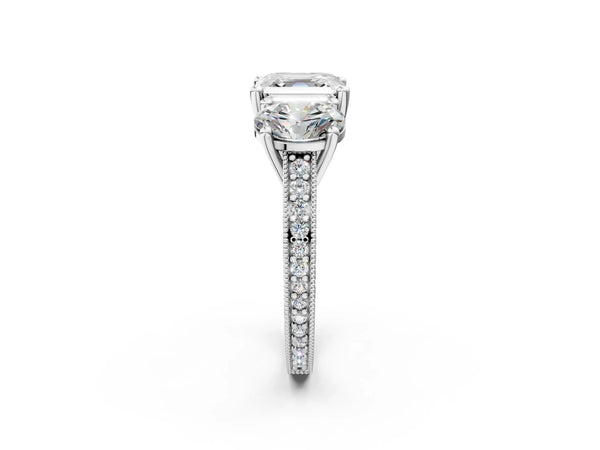 Sterling Silver Asscher Cut Three-Stone Vintage Engagement Ring Setting with Milgrain Pave Band