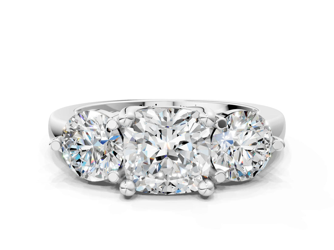 Silver Three-Stone Cushion Brilliant Cut Solitaire Ring with Prong Setting on a Classic Band 1