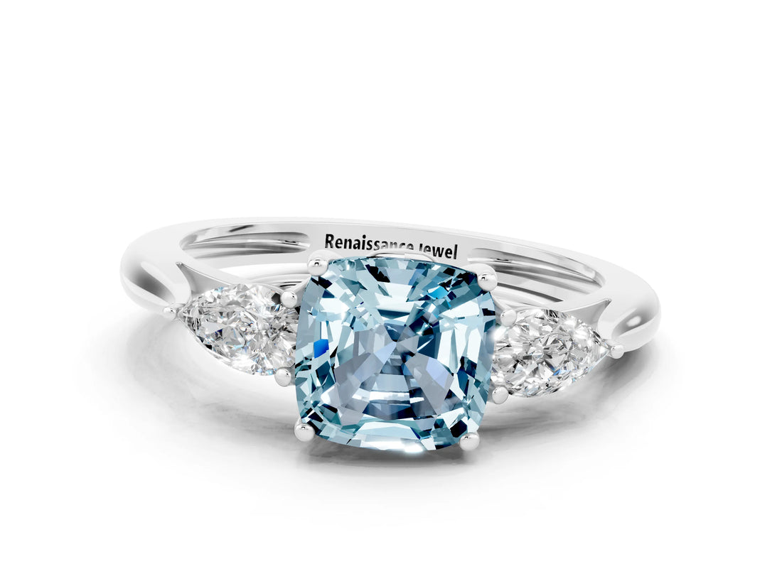 Silver Three-Stone Cushion Cut Aquamarine Ring with Pear  Side Stones in Four-Prong Setting_54