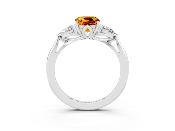 Silver Three-Stone Cushion Cut Citrine Ring with Pear  Side Stones in Four-Prong Setting