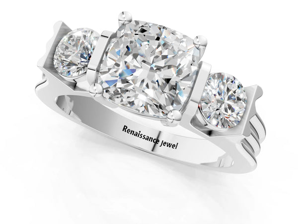 Silver Three-Stone Cushion Cut Classic Band Prong Setting Ring