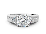 Silver Three-Stone Cushion Cut Cut Diamond Ring with Trillion Side Stones on a Split Shank Band_13