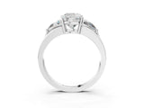 Silver Three-Stone Cushion Cut Cut Diamond Ring with Trillion Side Stones on a Split Shank Band_16